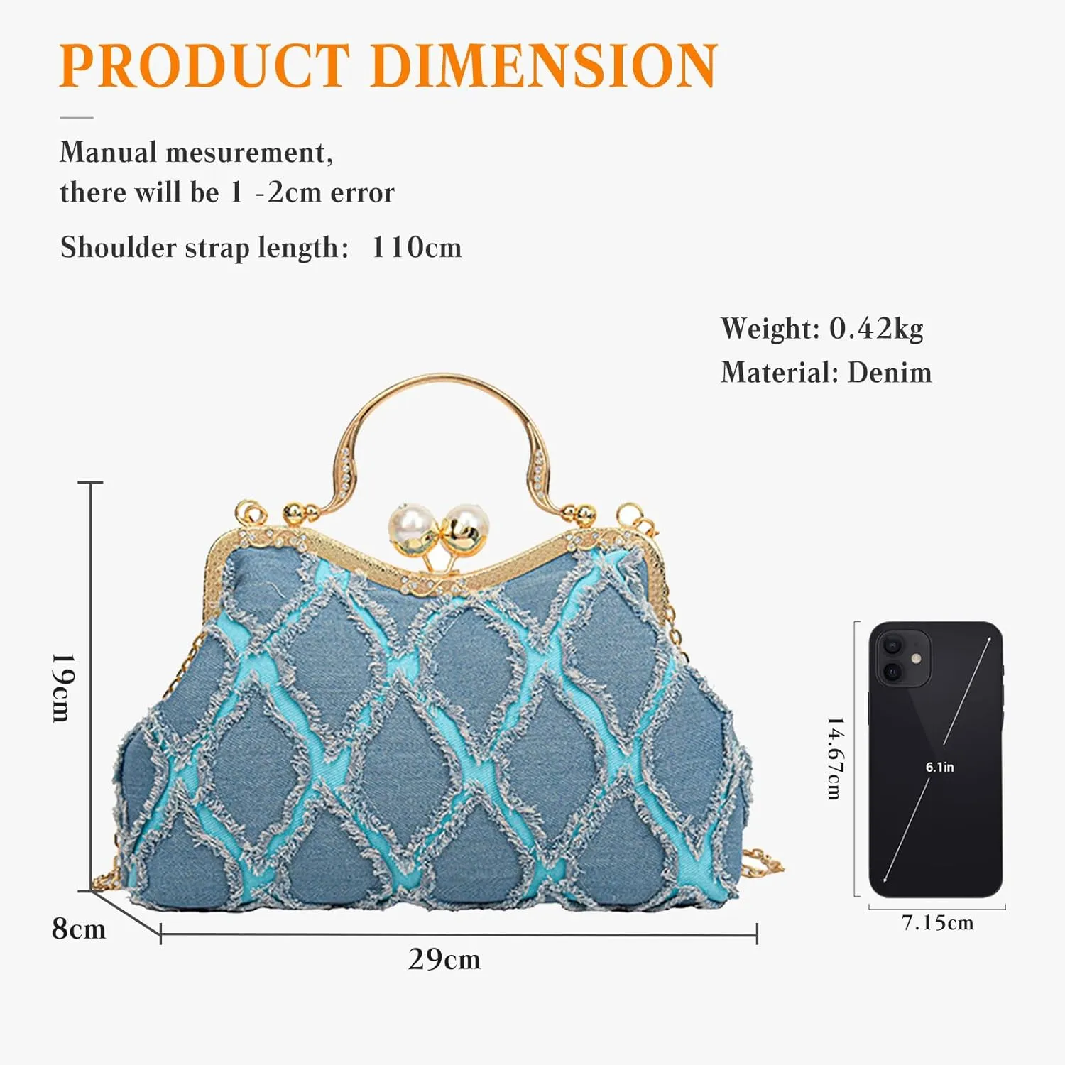 Denim Clutch Bag Women Quilted Evening Bag Bridal Wedding Purse Sparkly Rhinestone Handbag Beaded Pearl Crossbody Bag
