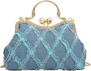 Denim Clutch Bag Women Quilted Evening Bag Bridal Wedding Purse Sparkly Rhinestone Handbag Beaded Pearl Crossbody Bag