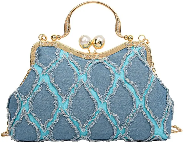 Denim Clutch Bag Women Quilted Evening Bag Bridal Wedding Purse Sparkly Rhinestone Handbag Beaded Pearl Crossbody Bag