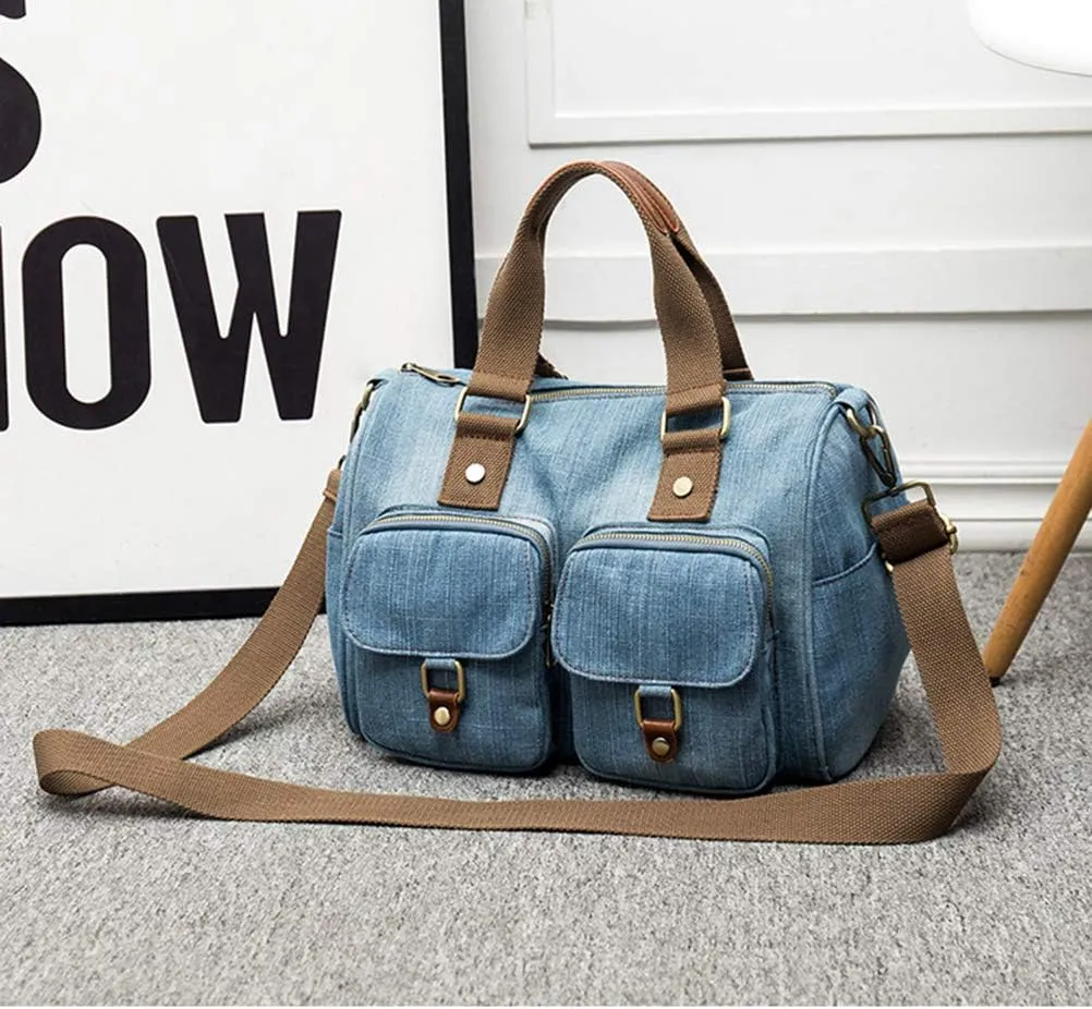 Denim Handbags for Women Jean Purse with Multiple Pockets Denim Blue Pocketbooks Tote Hobos Crossbody Bags