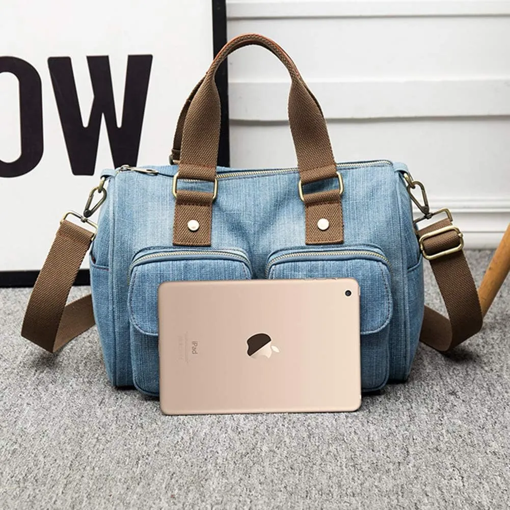 Denim Handbags for Women Jean Purse with Multiple Pockets Denim Blue Pocketbooks Tote Hobos Crossbody Bags