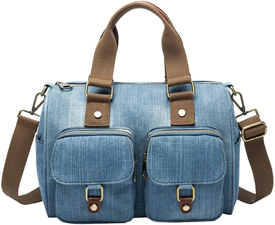 Denim Handbags for Women Jean Purse with Multiple Pockets Denim Blue Pocketbooks Tote Hobos Crossbody Bags