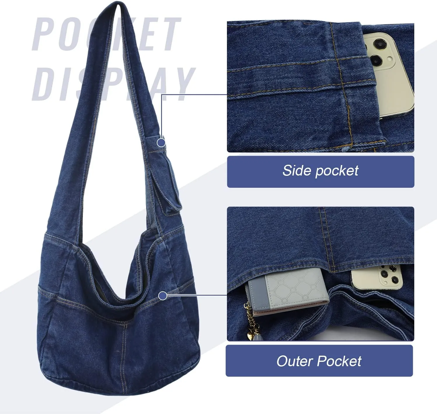 Denim Hobo Bags for Women Retro Jean Shoulder Bag Casual Jean Tote Handbags Vintage Satchel Bags for Teen Girls