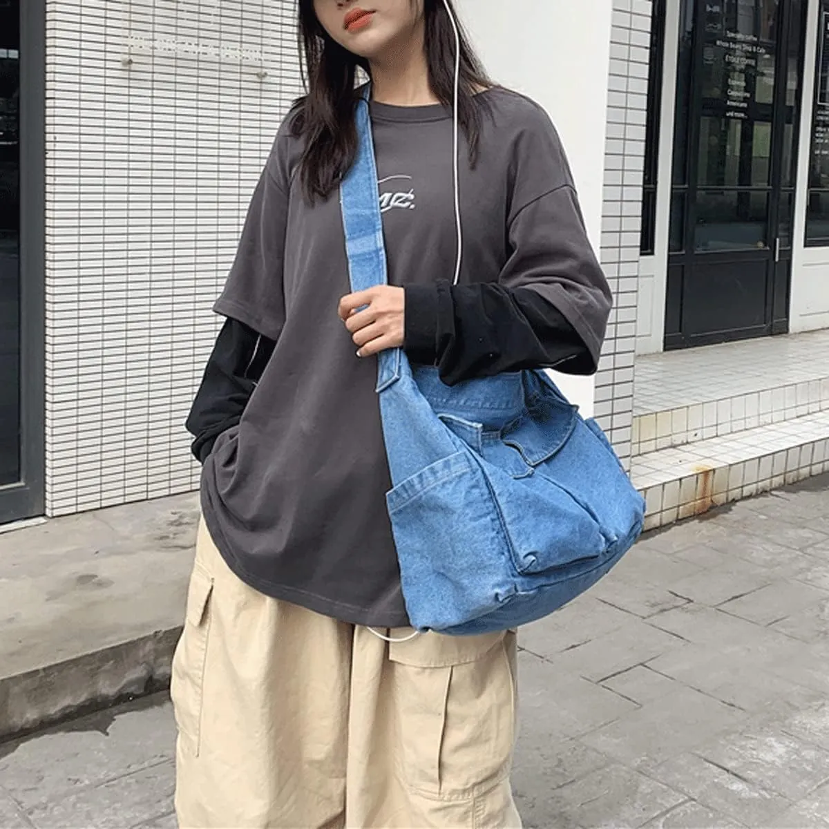 Denim Shoulder Bag Canvas Messenger Bag for Women Men Tote Bag Casual Retro Aesthetic Crossbody Bag Handbag