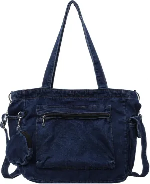 Denim Tote Bag, Large Capacity Jean Purses for Women Denim Crossbody Handbags with Small Purse
