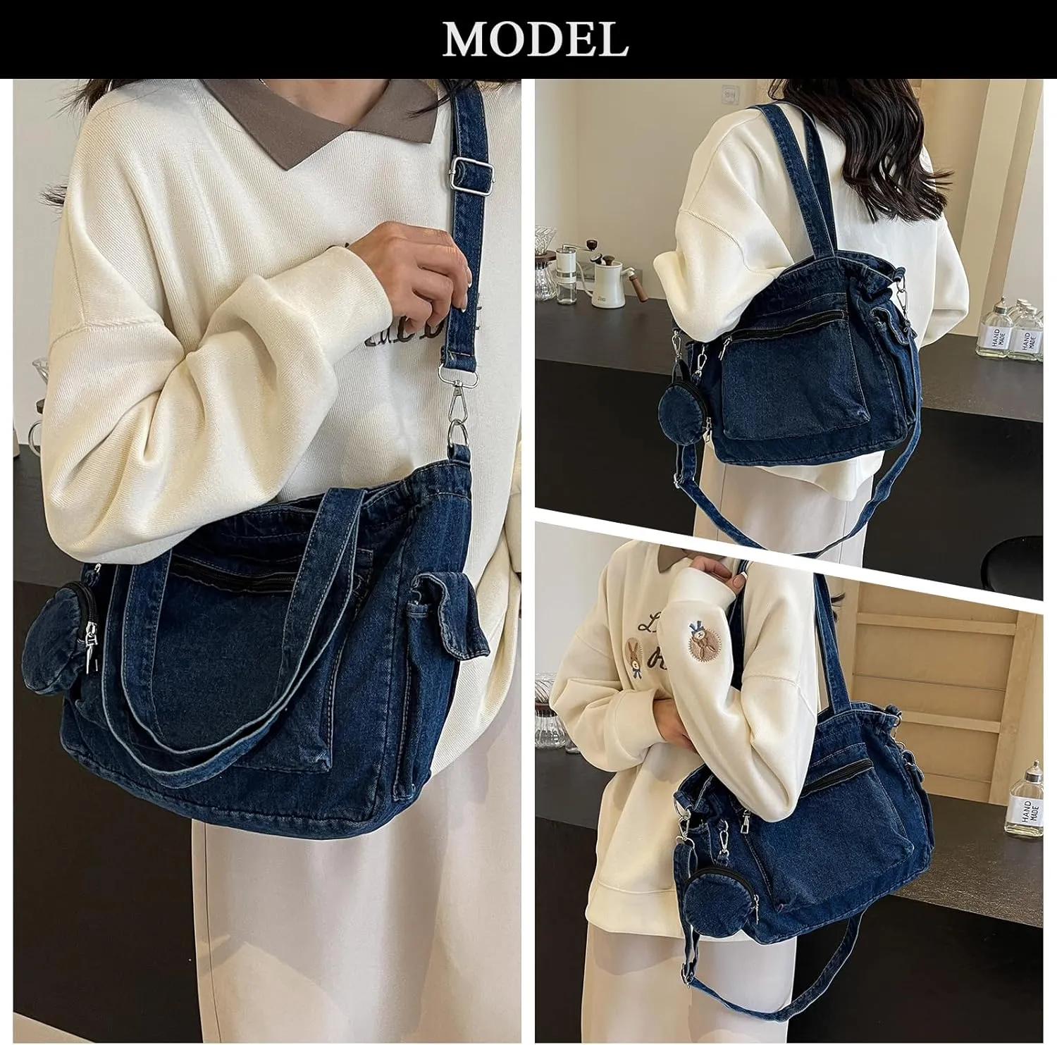 Denim Tote Bag, Large Capacity Jean Purses for Women Denim Crossbody Handbags with Small Purse