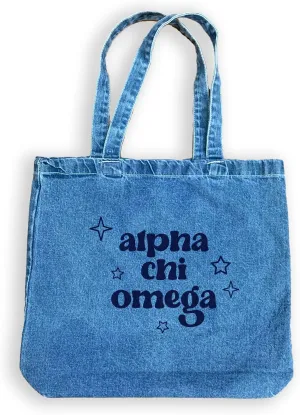 Denim Tote Bag - Retro Vibe Sorority Tote with Name and Stars Design