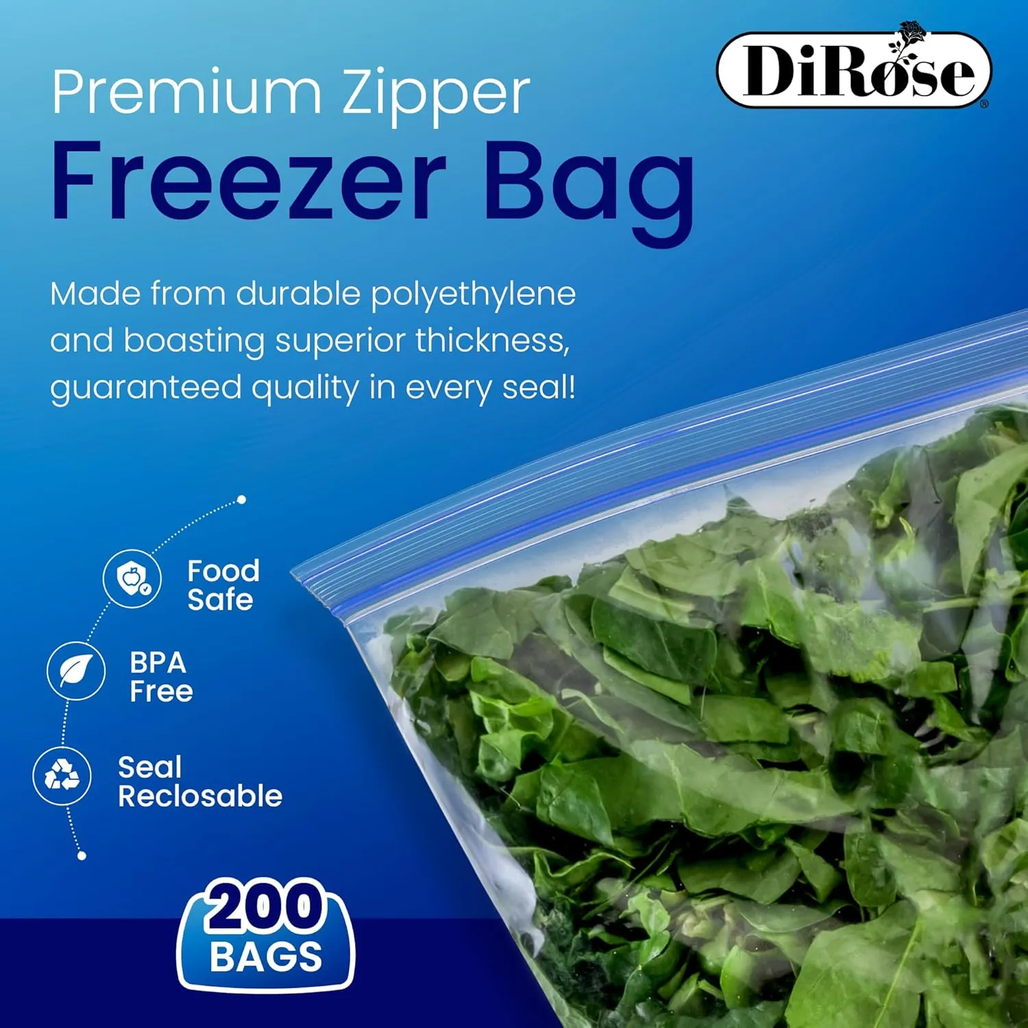 DiRose Reclosable Freezer Bags - Quart Size (200 Pack) | Double Zipper, Airtight Seal, BPA-Free, Premium Thick Heavy-Duty Bags for Safe and Secure Food Storage
