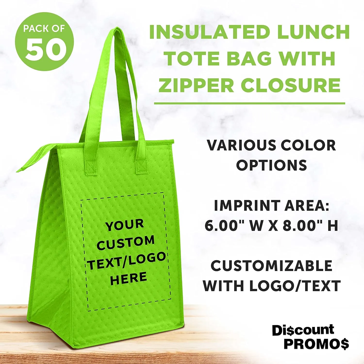 DISCOUNT PROMOS Custom Zipper Insulated Lunch Tote Bags Set of 50, Personalized Bulk Pack - Perfect for Work, Travel, Outdoor Events - Lime Green