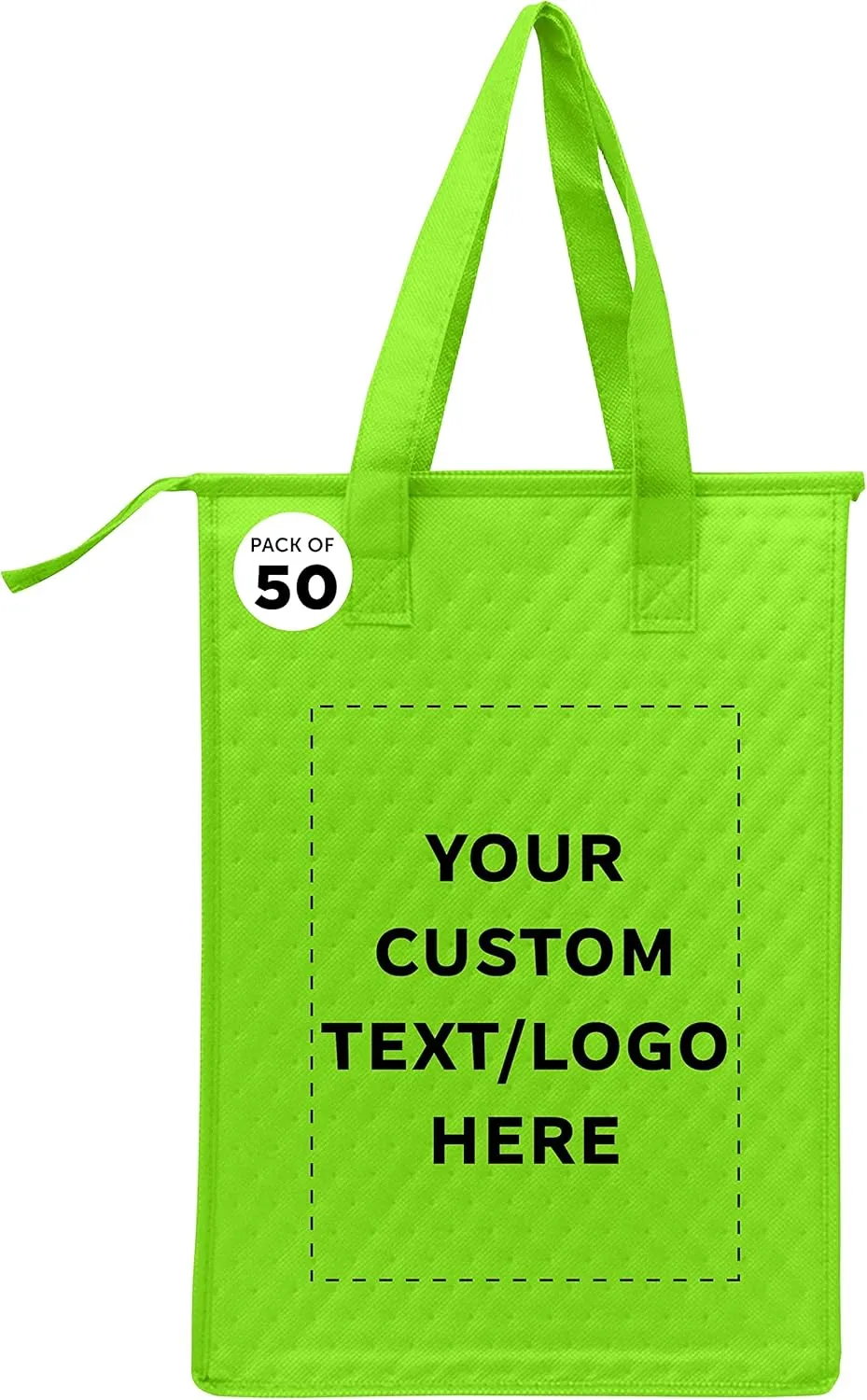 DISCOUNT PROMOS Custom Zipper Insulated Lunch Tote Bags Set of 50, Personalized Bulk Pack - Perfect for Work, Travel, Outdoor Events - Lime Green