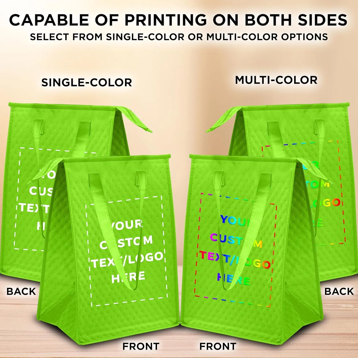 DISCOUNT PROMOS Custom Zipper Insulated Lunch Tote Bags Set of 50, Personalized Bulk Pack - Perfect for Work, Travel, Outdoor Events - Lime Green
