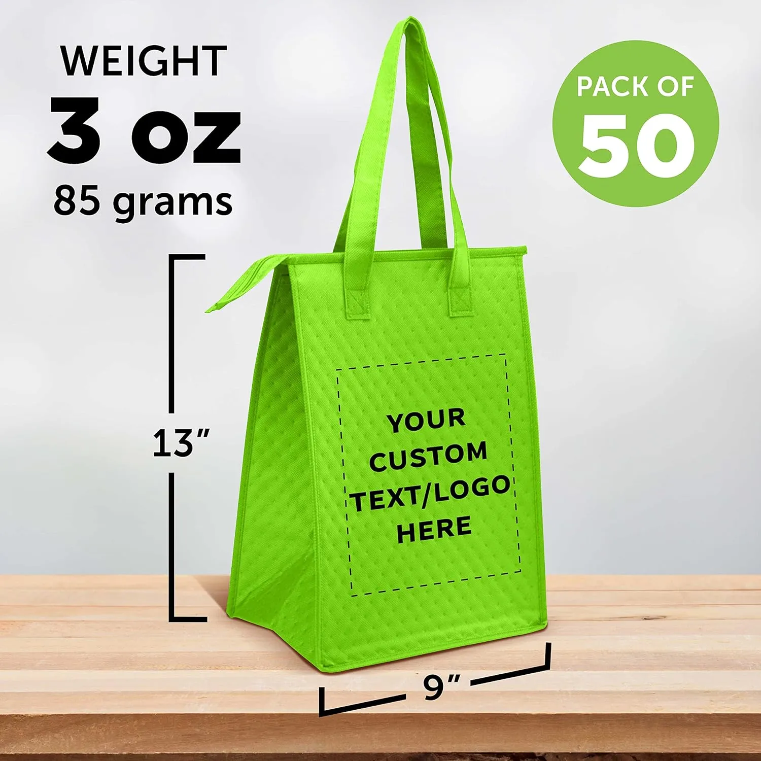 DISCOUNT PROMOS Custom Zipper Insulated Lunch Tote Bags Set of 50, Personalized Bulk Pack - Perfect for Work, Travel, Outdoor Events - Lime Green
