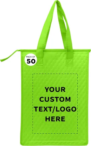 DISCOUNT PROMOS Custom Zipper Insulated Lunch Tote Bags Set of 50, Personalized Bulk Pack - Perfect for Work, Travel, Outdoor Events - Lime Green