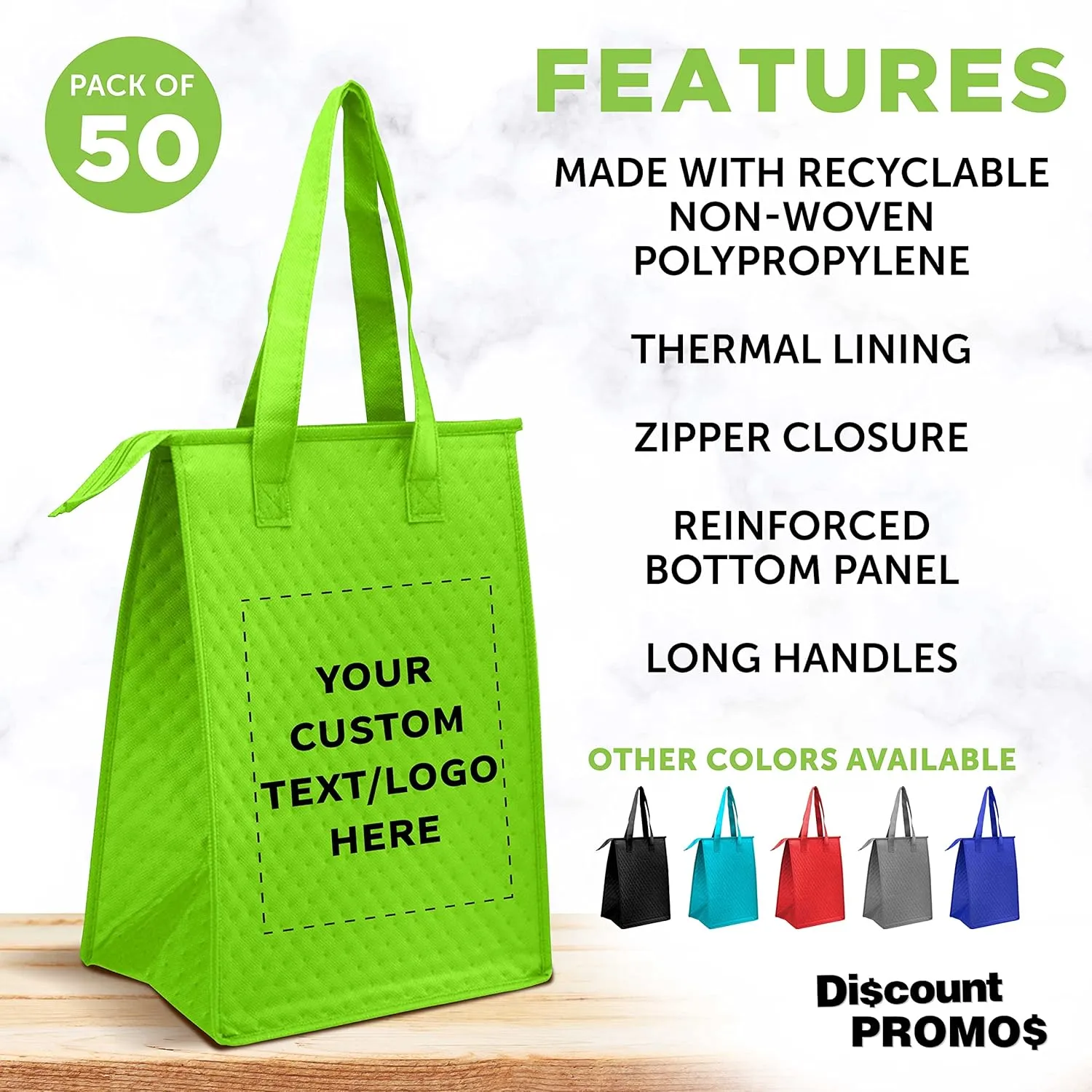 DISCOUNT PROMOS Custom Zipper Insulated Lunch Tote Bags Set of 50, Personalized Bulk Pack - Perfect for Work, Travel, Outdoor Events - Lime Green