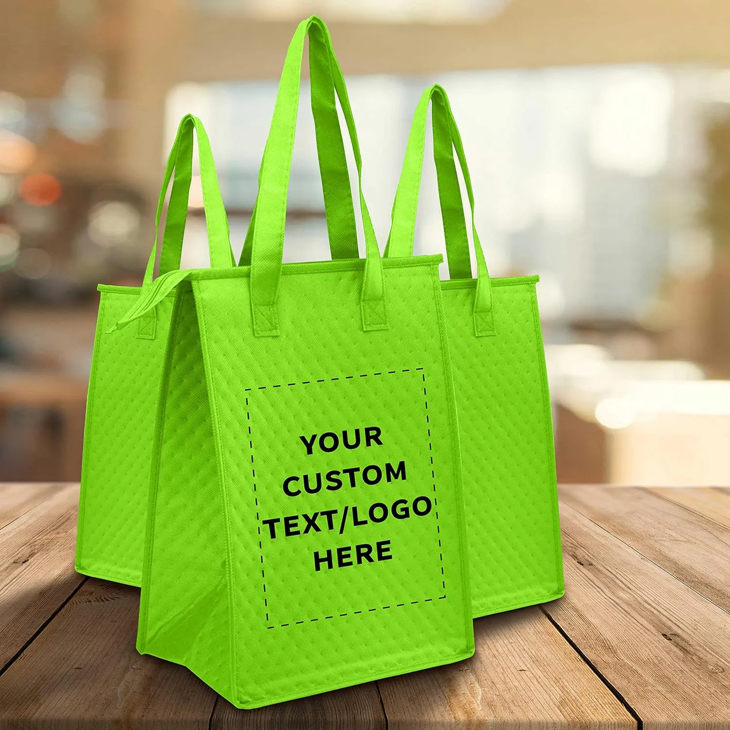 DISCOUNT PROMOS Custom Zipper Insulated Lunch Tote Bags Set of 50, Personalized Bulk Pack - Perfect for Work, Travel, Outdoor Events - Lime Green