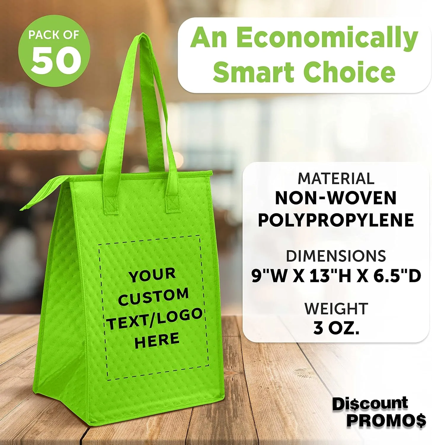 DISCOUNT PROMOS Custom Zipper Insulated Lunch Tote Bags Set of 50, Personalized Bulk Pack - Perfect for Work, Travel, Outdoor Events - Lime Green