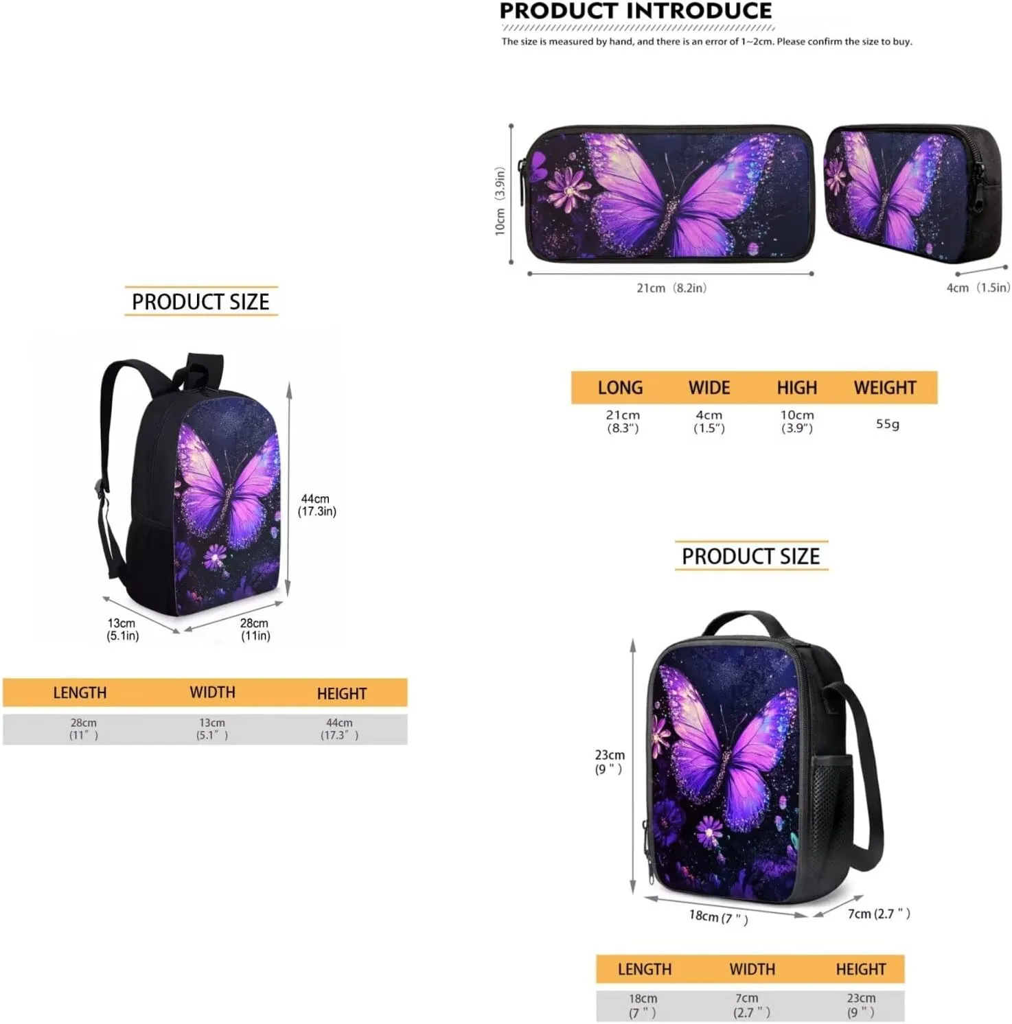 Dolyues Purple Butterfly Print Adorable Girl's Backpack Set – Includes 17-inch Stylish Student Backpack, Double-Shoulder Meal Bag for Daily Lunch, & Matching Pencil Case for School, Travel