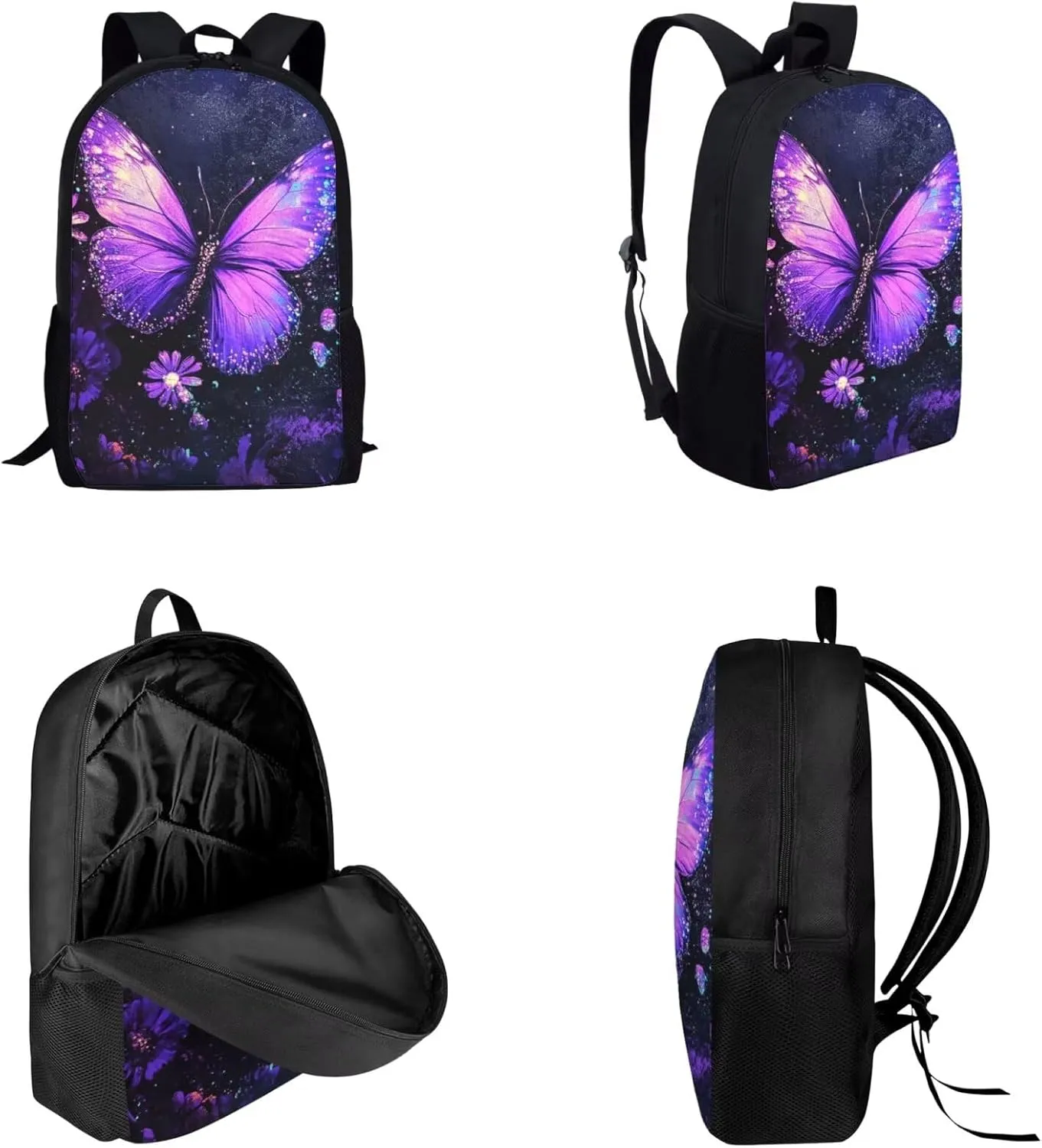 Dolyues Purple Butterfly Print Adorable Girl's Backpack Set – Includes 17-inch Stylish Student Backpack, Double-Shoulder Meal Bag for Daily Lunch, & Matching Pencil Case for School, Travel