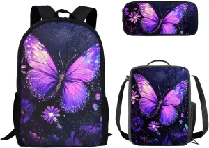 Dolyues Purple Butterfly Print Adorable Girl's Backpack Set – Includes 17-inch Stylish Student Backpack, Double-Shoulder Meal Bag for Daily Lunch, & Matching Pencil Case for School, Travel