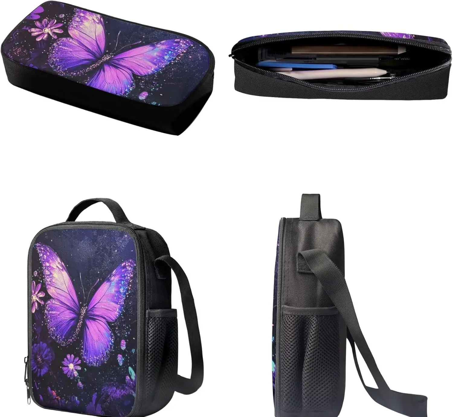 Dolyues Purple Butterfly Print Adorable Girl's Backpack Set – Includes 17-inch Stylish Student Backpack, Double-Shoulder Meal Bag for Daily Lunch, & Matching Pencil Case for School, Travel