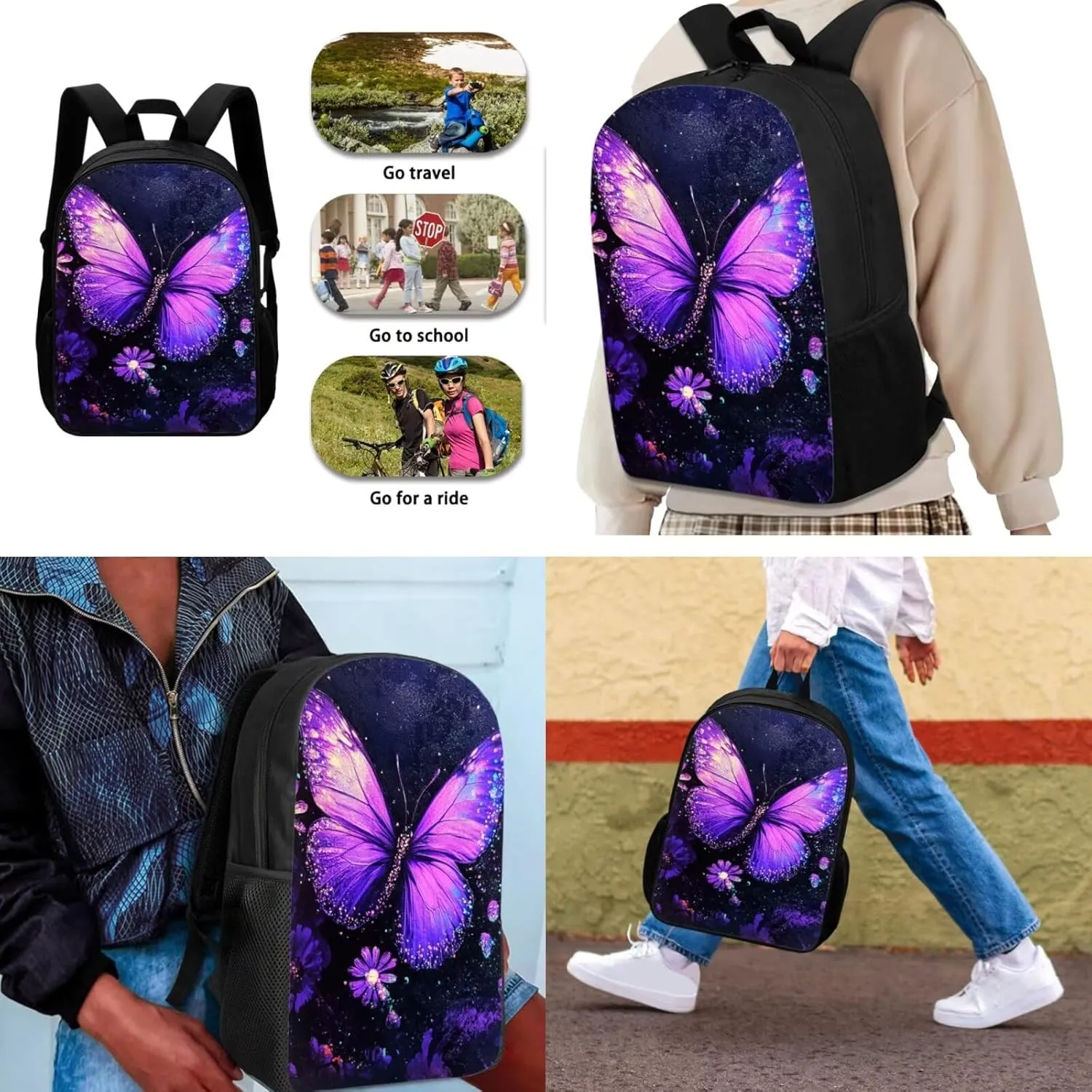 Dolyues Purple Butterfly Print Adorable Girl's Backpack Set – Includes 17-inch Stylish Student Backpack, Double-Shoulder Meal Bag for Daily Lunch, & Matching Pencil Case for School, Travel