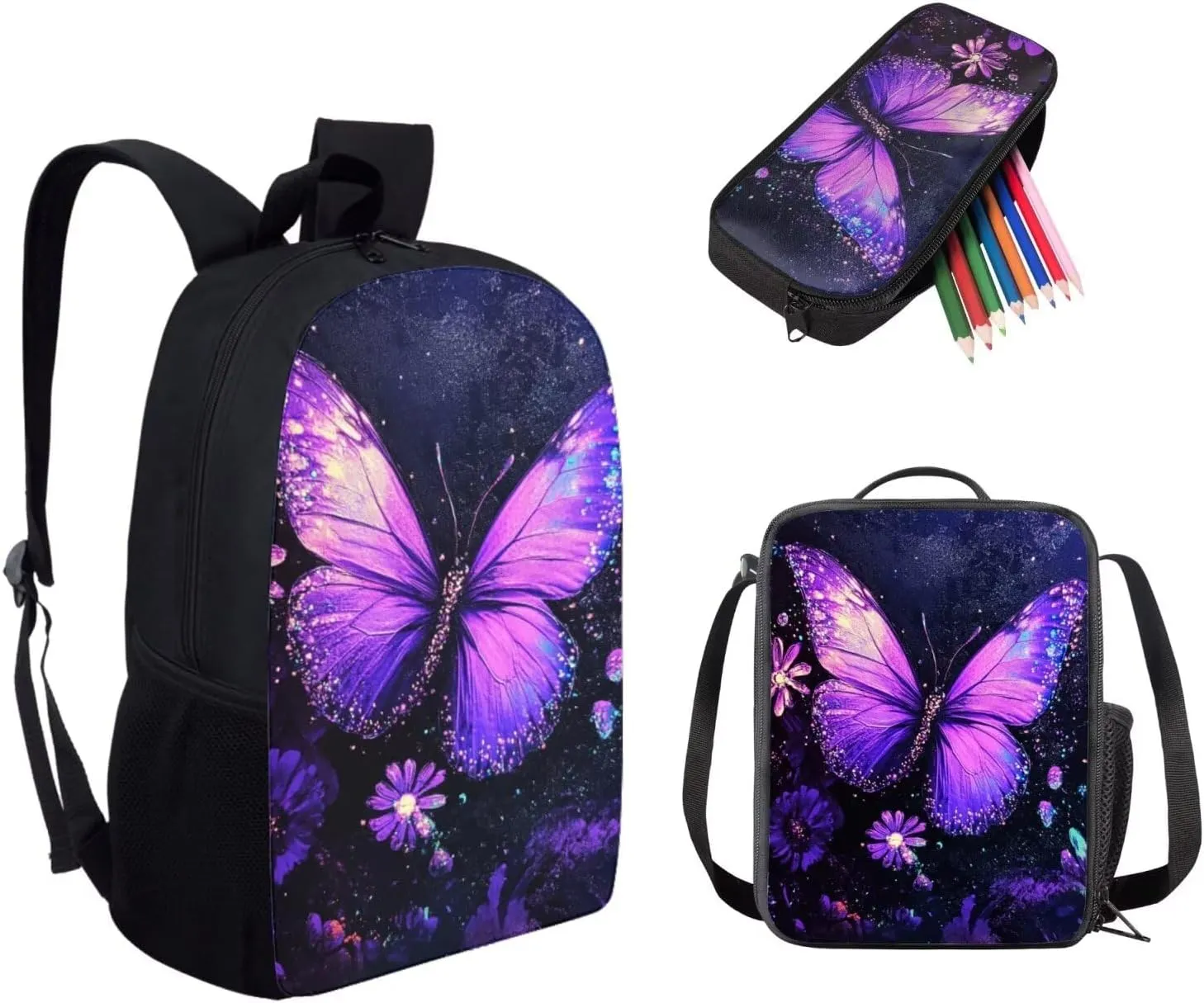 Dolyues Purple Butterfly Print Adorable Girl's Backpack Set – Includes 17-inch Stylish Student Backpack, Double-Shoulder Meal Bag for Daily Lunch, & Matching Pencil Case for School, Travel