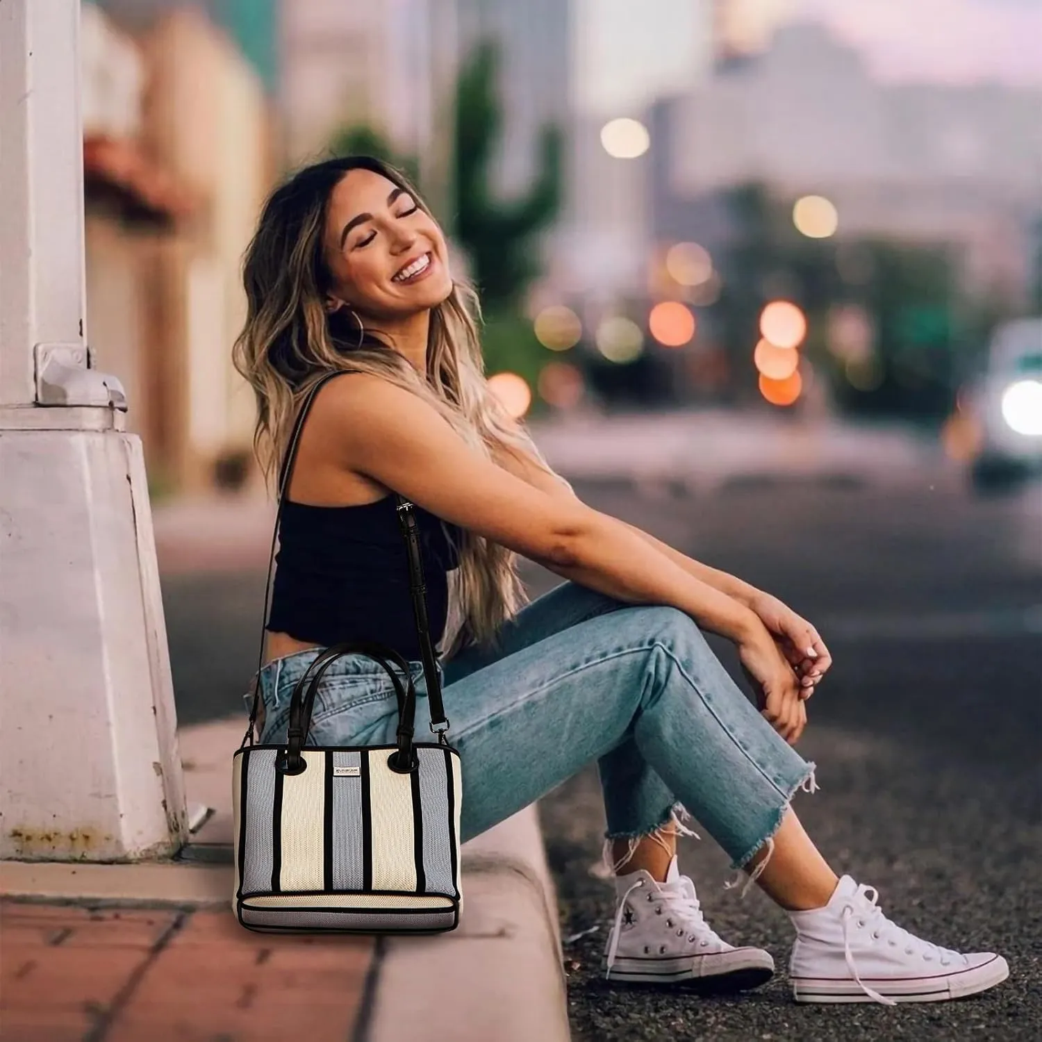 DOMAT Handbag for Women, Unique Striped Satchel Purse, Shoulder Bag, Crossbody Tote Bag, Top-Handle Bag