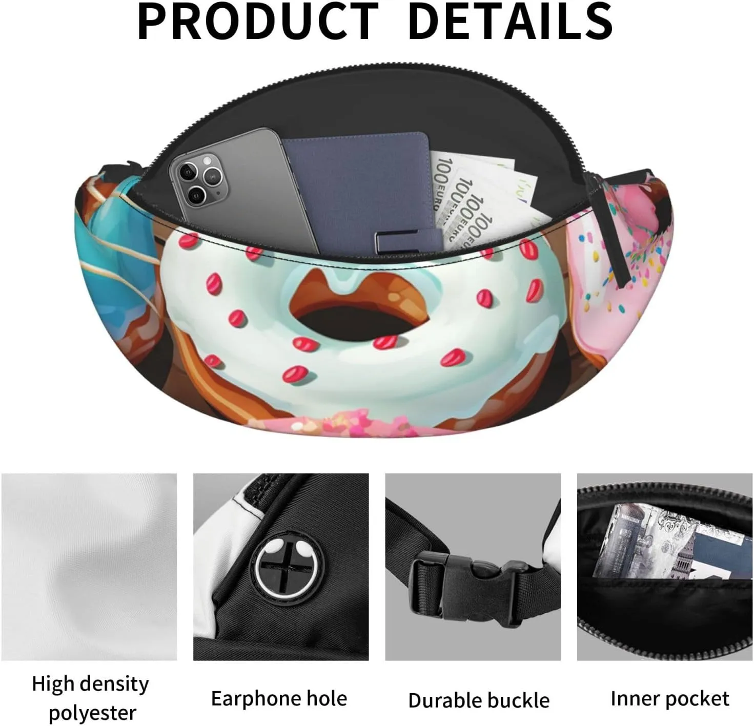Donuts Fanny Pack for Man Women Waist Bag Adjustable Belt Casual Chest Bag Bum Bags for Travel Sports Running Hiking Waist Packs