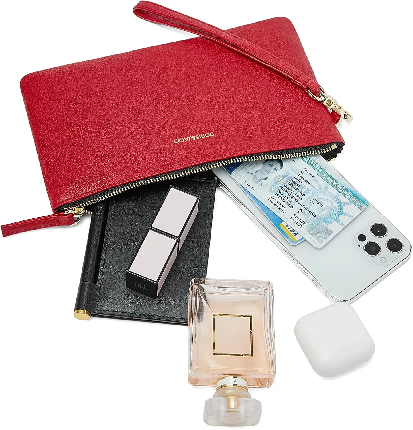 DORIS&JACKY Goatskin Leather Wristlet Clutch Wallet Cute Small Pouch Bag With Strap