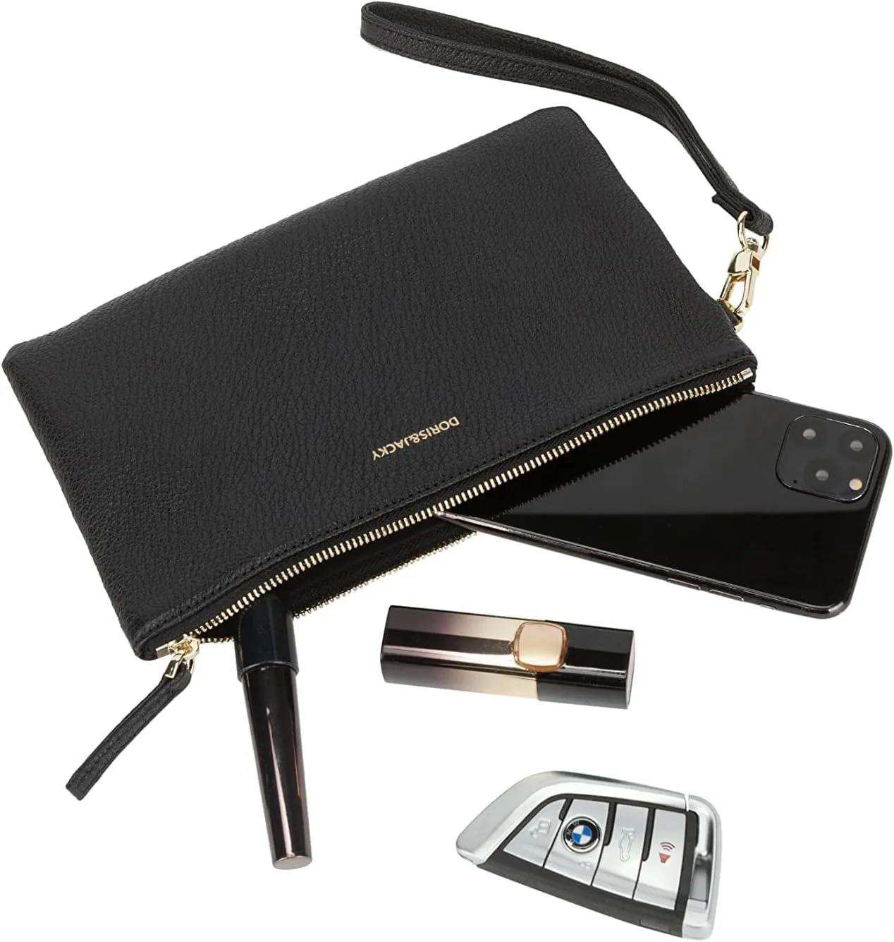 DORIS&JACKY Goatskin Leather Wristlet Clutch Wallet Cute Small Pouch Bag With Strap