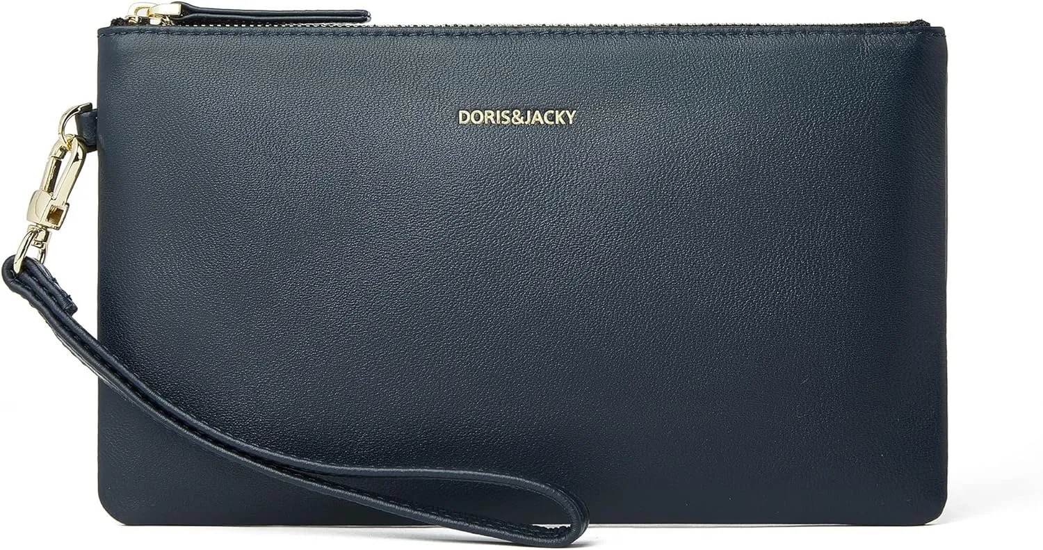 DORIS&JACKY Goatskin Leather Wristlet Clutch Wallet Cute Small Pouch Bag With Strap