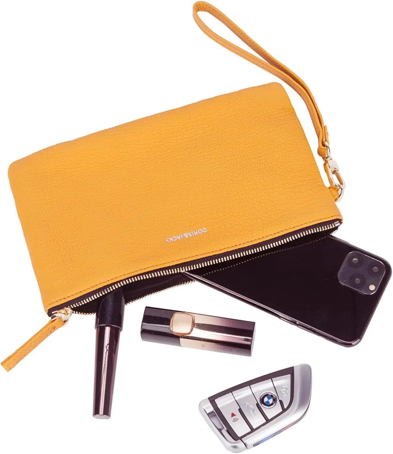 DORIS&JACKY Goatskin Leather Wristlet Clutch Wallet Cute Small Pouch Bag With Strap