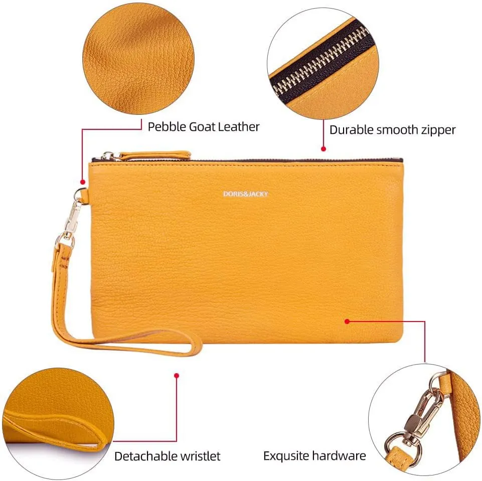 DORIS&JACKY Goatskin Leather Wristlet Clutch Wallet Cute Small Pouch Bag With Strap