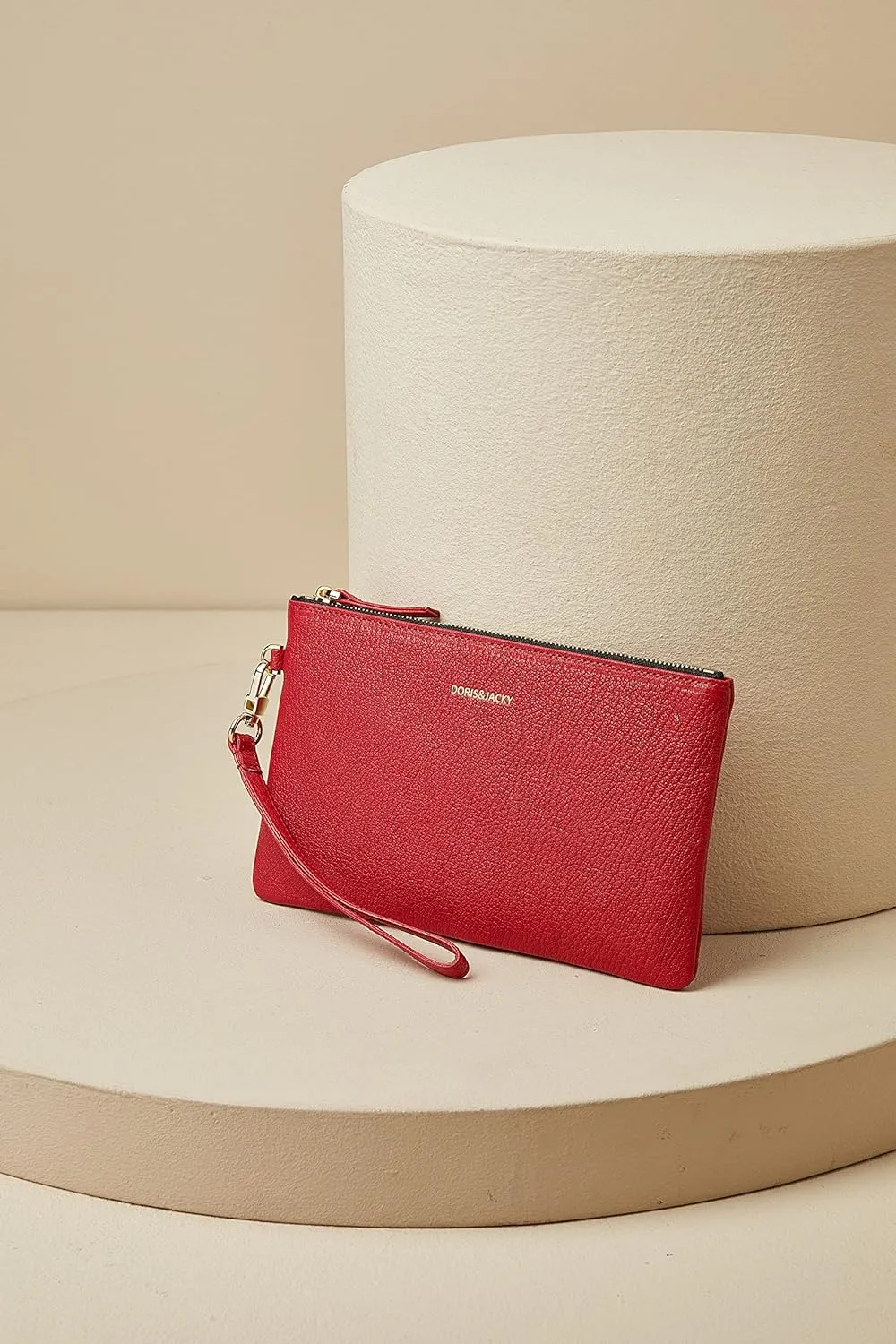 DORIS&JACKY Goatskin Leather Wristlet Clutch Wallet Cute Small Pouch Bag With Strap