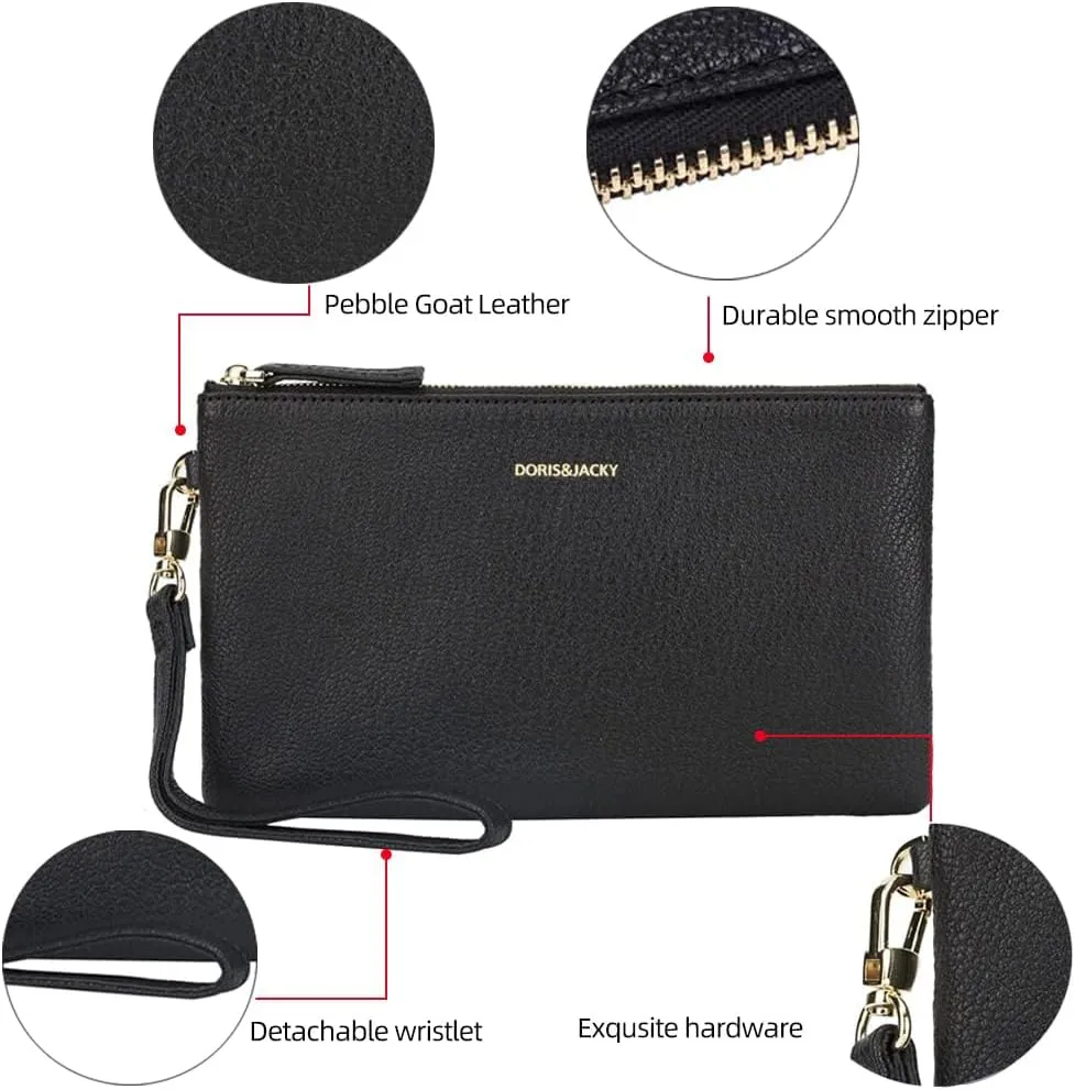 DORIS&JACKY Goatskin Leather Wristlet Clutch Wallet Cute Small Pouch Bag With Strap