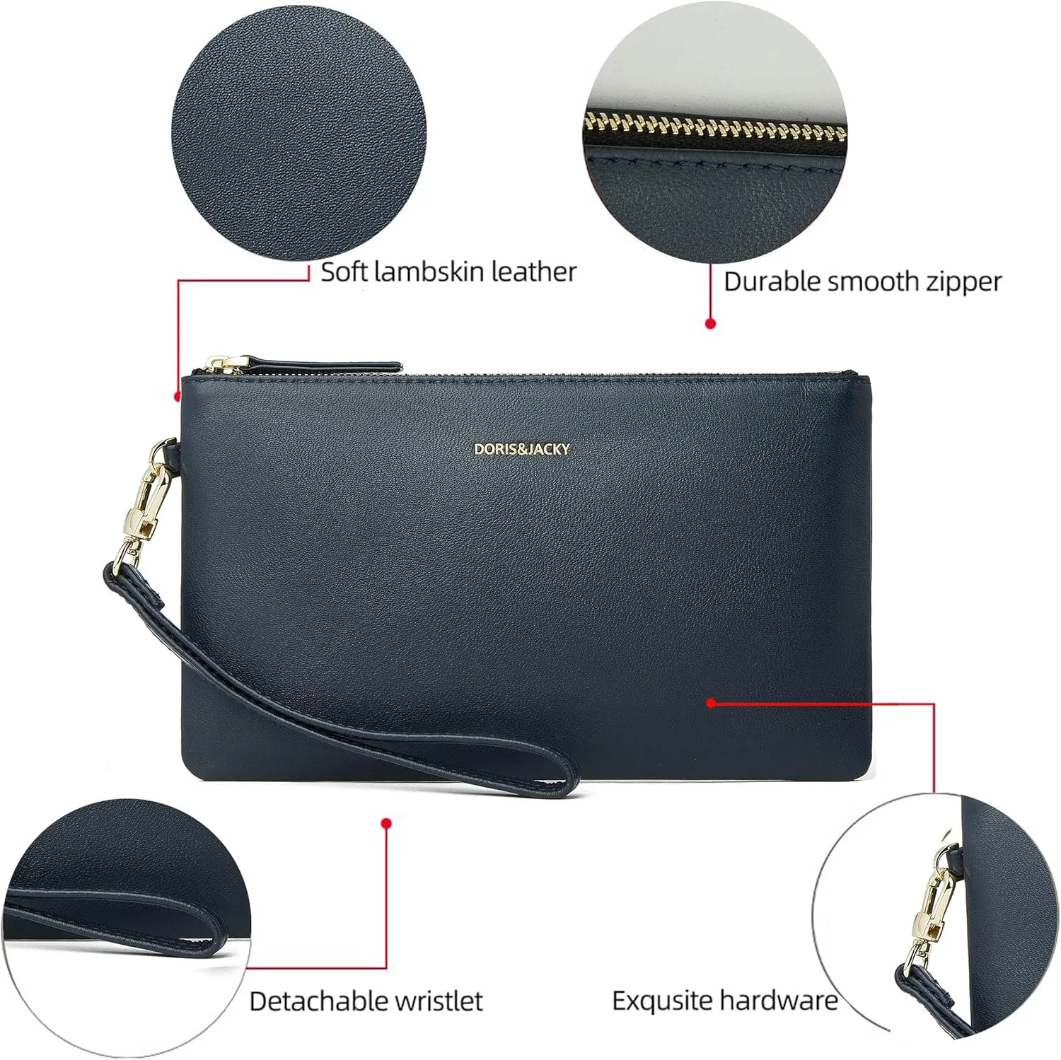 DORIS&JACKY Goatskin Leather Wristlet Clutch Wallet Cute Small Pouch Bag With Strap