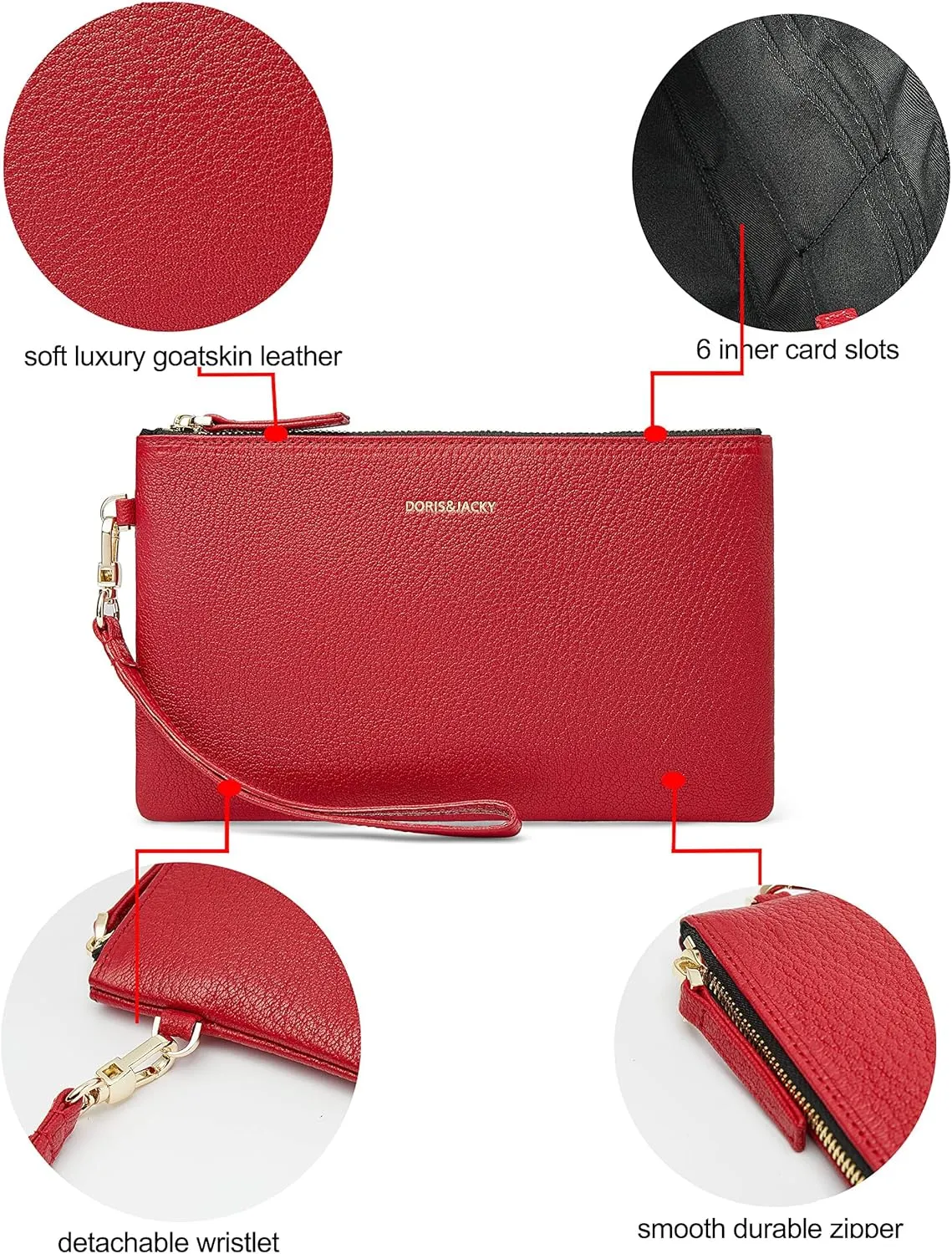 DORIS&JACKY Goatskin Leather Wristlet Clutch Wallet Cute Small Pouch Bag With Strap