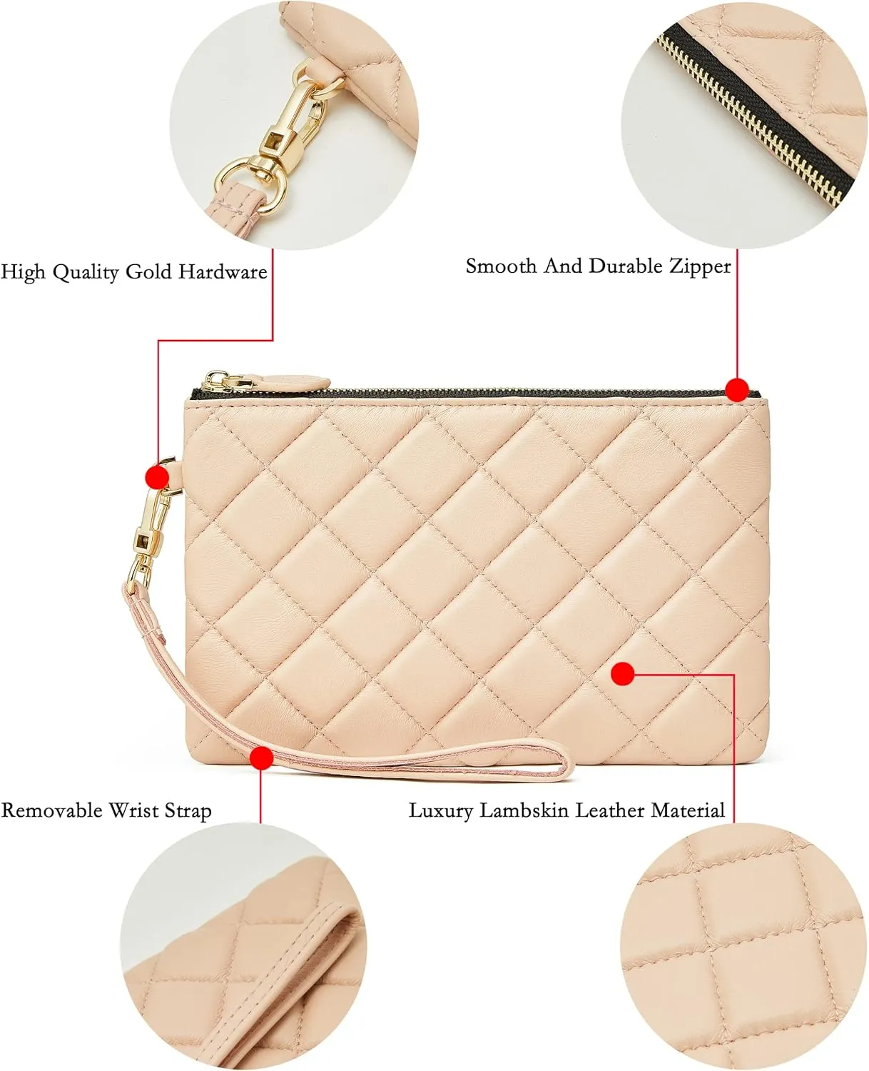 DORIS&JACKY Goatskin Leather Wristlet Clutch Wallet Cute Small Pouch Bag With Strap
