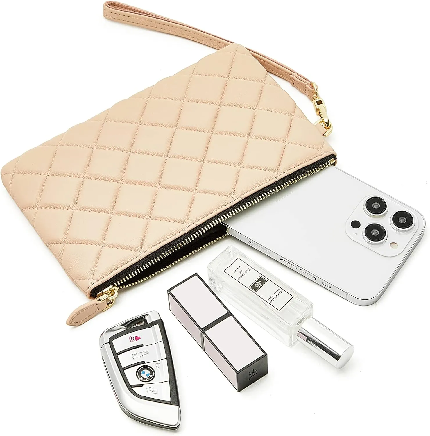 DORIS&JACKY Goatskin Leather Wristlet Clutch Wallet Cute Small Pouch Bag With Strap