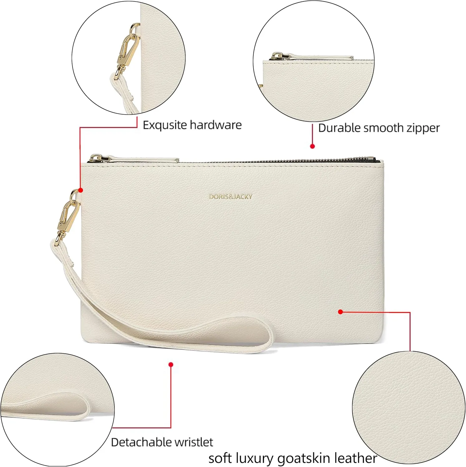 DORIS&JACKY Goatskin Leather Wristlet Clutch Wallet Cute Small Pouch Bag With Strap