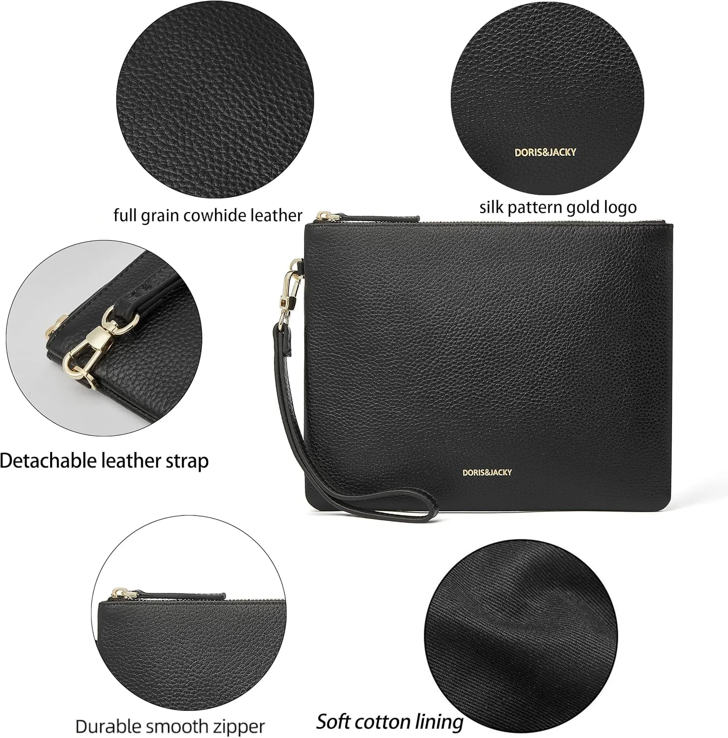DORIS&JACKY Leather Wristlet Clutch Purse for Women Large Slim Phone Pouch Bag With Detachable Strap
