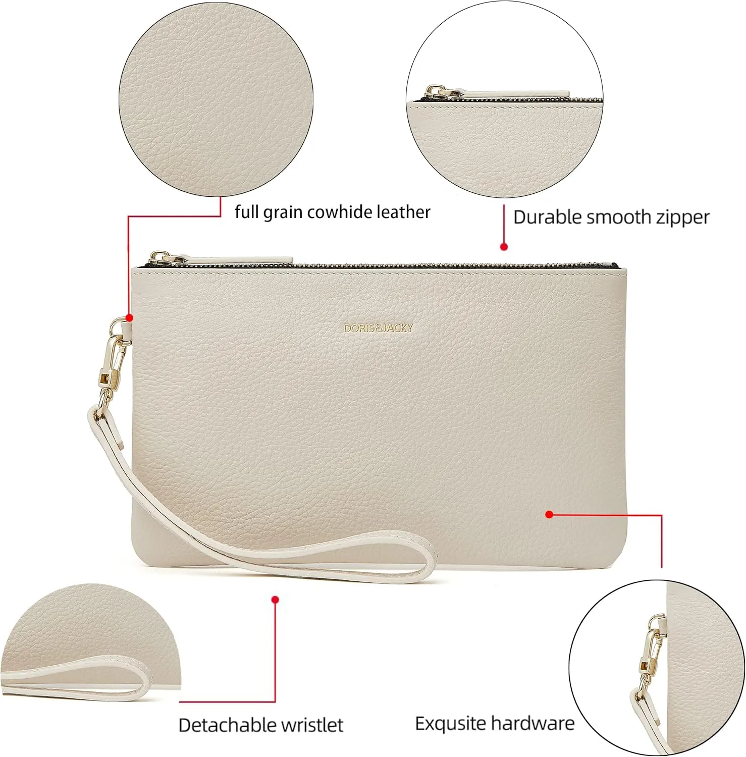 DORIS&JACKY Small Leather Wristlet Clutch Purse for Women Slim Designer Wallet and Cellphone Pouch Bag With Detachable Strap