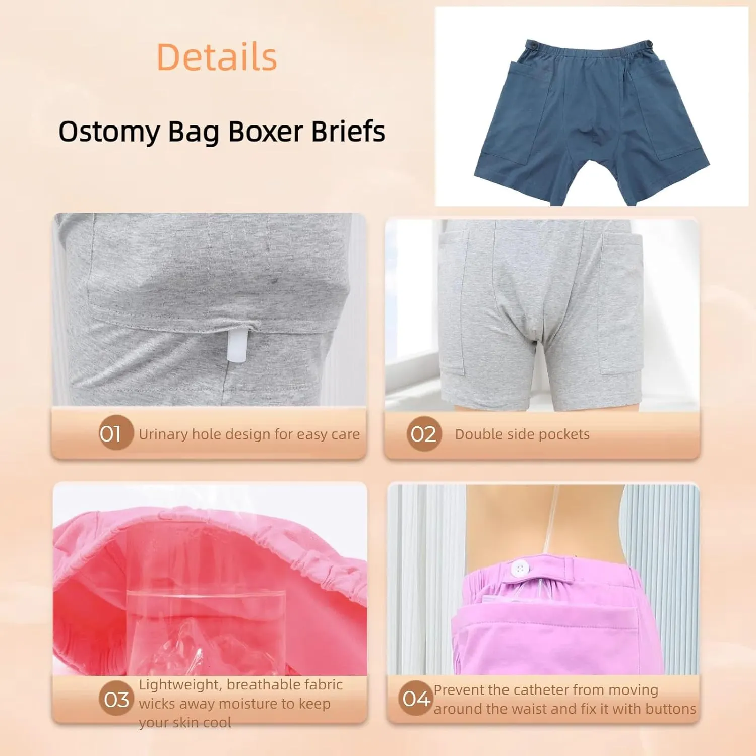 Drainage Bag Fixed Shorts, enteronephritis, Bladder Urethra, Rectal Stoma postoperative Care Underwear(Gray,XXL)