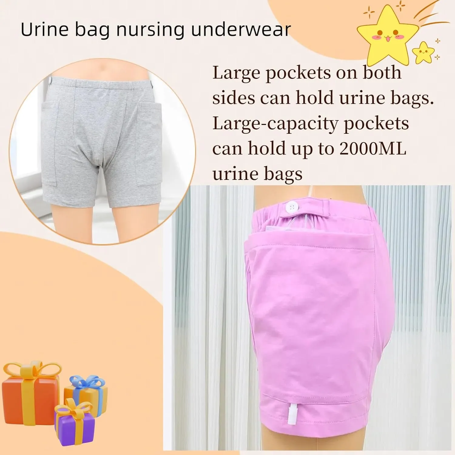Drainage Bag Fixed Shorts, enteronephritis, Bladder Urethra, Rectal Stoma postoperative Care Underwear(Gray,XXL)