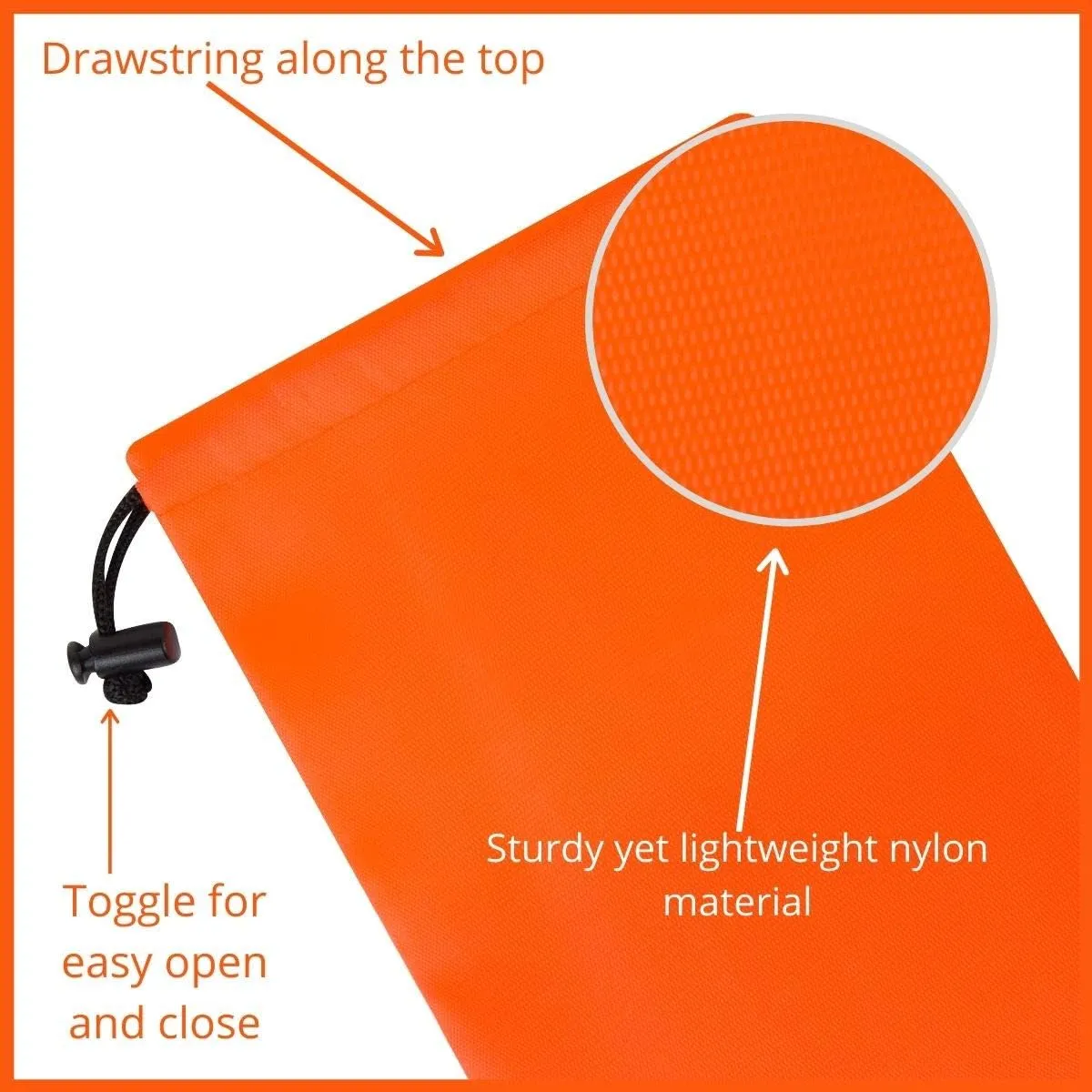Drawstring Bag - Nylon Cinch and Ditty Stuff Pouch with Toggle (5 x 7-12 pack, Orange)