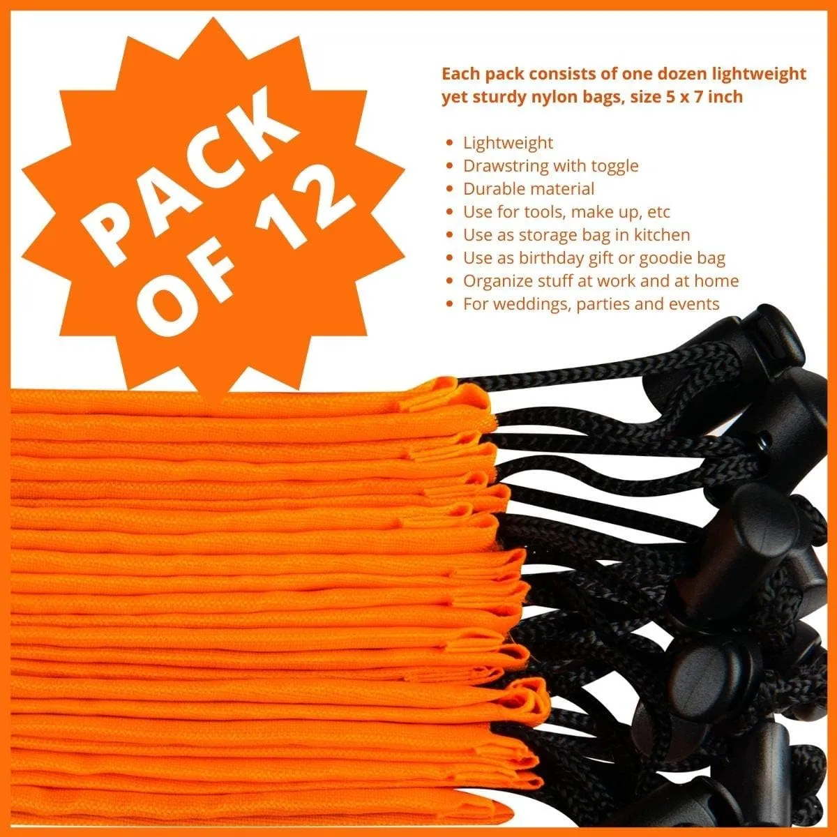 Drawstring Bag - Nylon Cinch and Ditty Stuff Pouch with Toggle (5 x 7-12 pack, Orange)