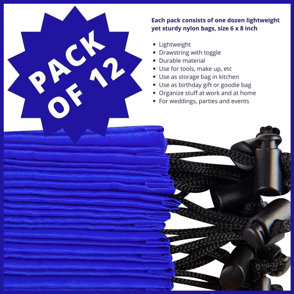 Drawstring Bag - Nylon Cinch and Ditty Stuff Pouch with Toggle (6 x 8-12 pack, Blue)
