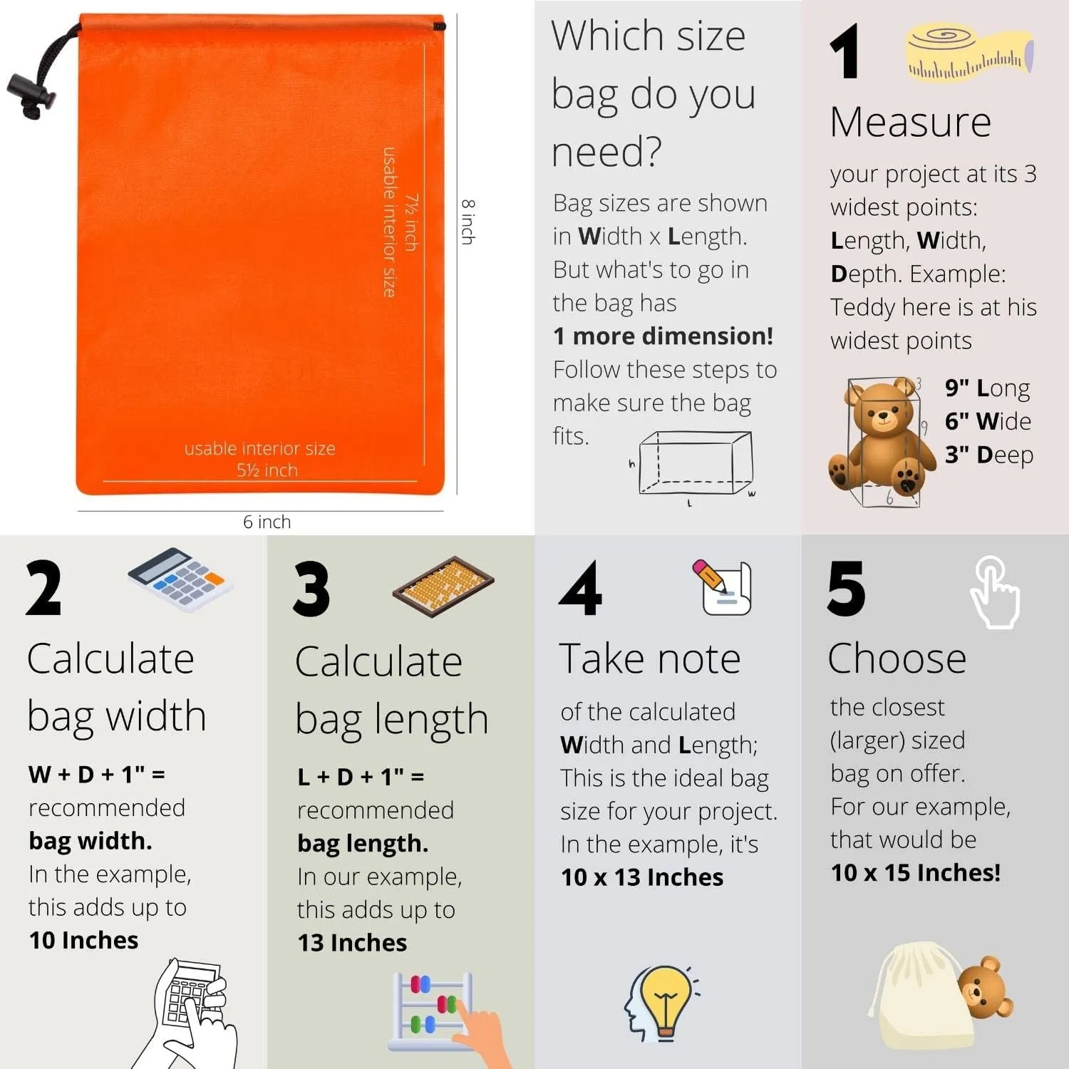 Drawstring Bag - Nylon Cinch and Ditty Stuff Pouch with Toggle (6 x 8-12 pack, Orange)