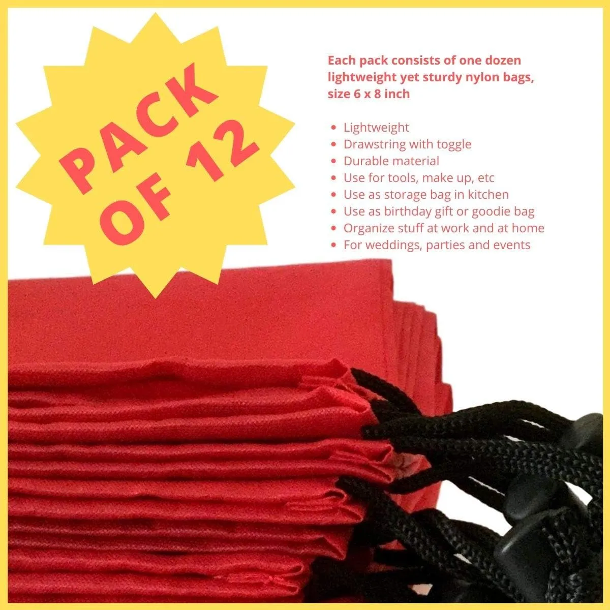 Drawstring Bag - Nylon Cinch and Ditty Stuff Pouch with Toggle (6 x 8-12 pack, Red)