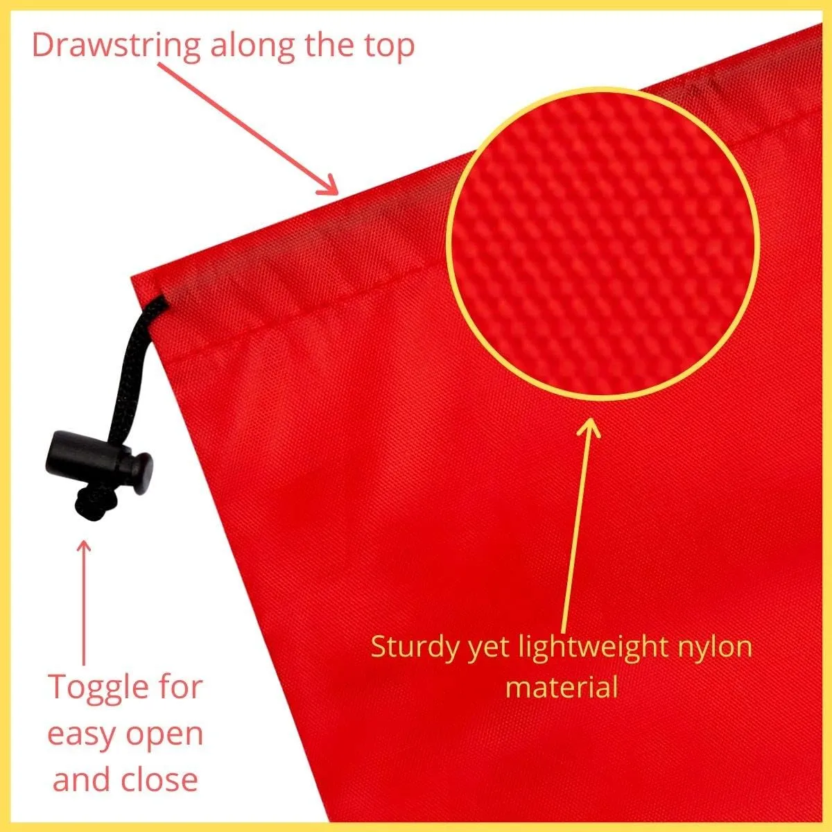 Drawstring Bag - Nylon Cinch and Ditty Stuff Pouch with Toggle (6 x 8-12 pack, Red)